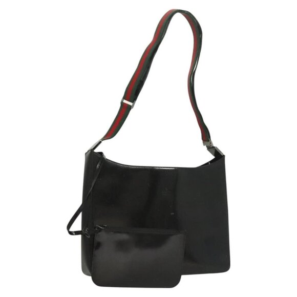 GUCCI Web Sherry Line Shoulder Bag Enamel Black Silver - Picture 2 of 16